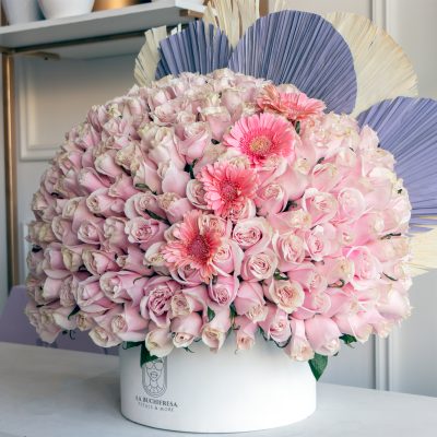 5 gerberas rosas y 8 abanicos detrás