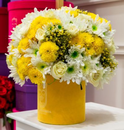 crisantemos blancos y amarillos y gypso amarilla sobre small yellow round box