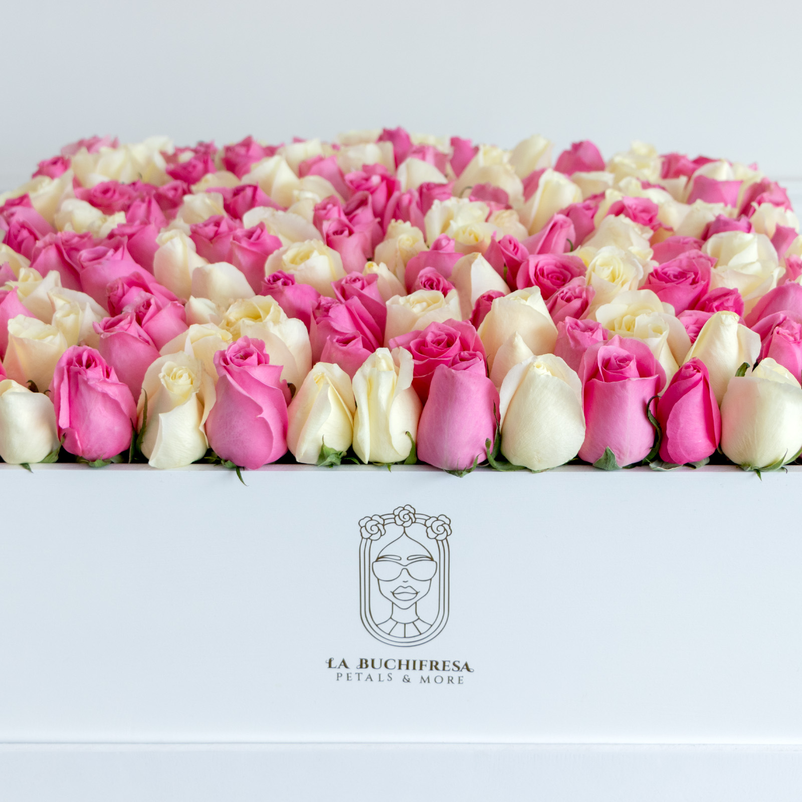 Arreglo de rosas rosas y blancas premium al ras en white square box