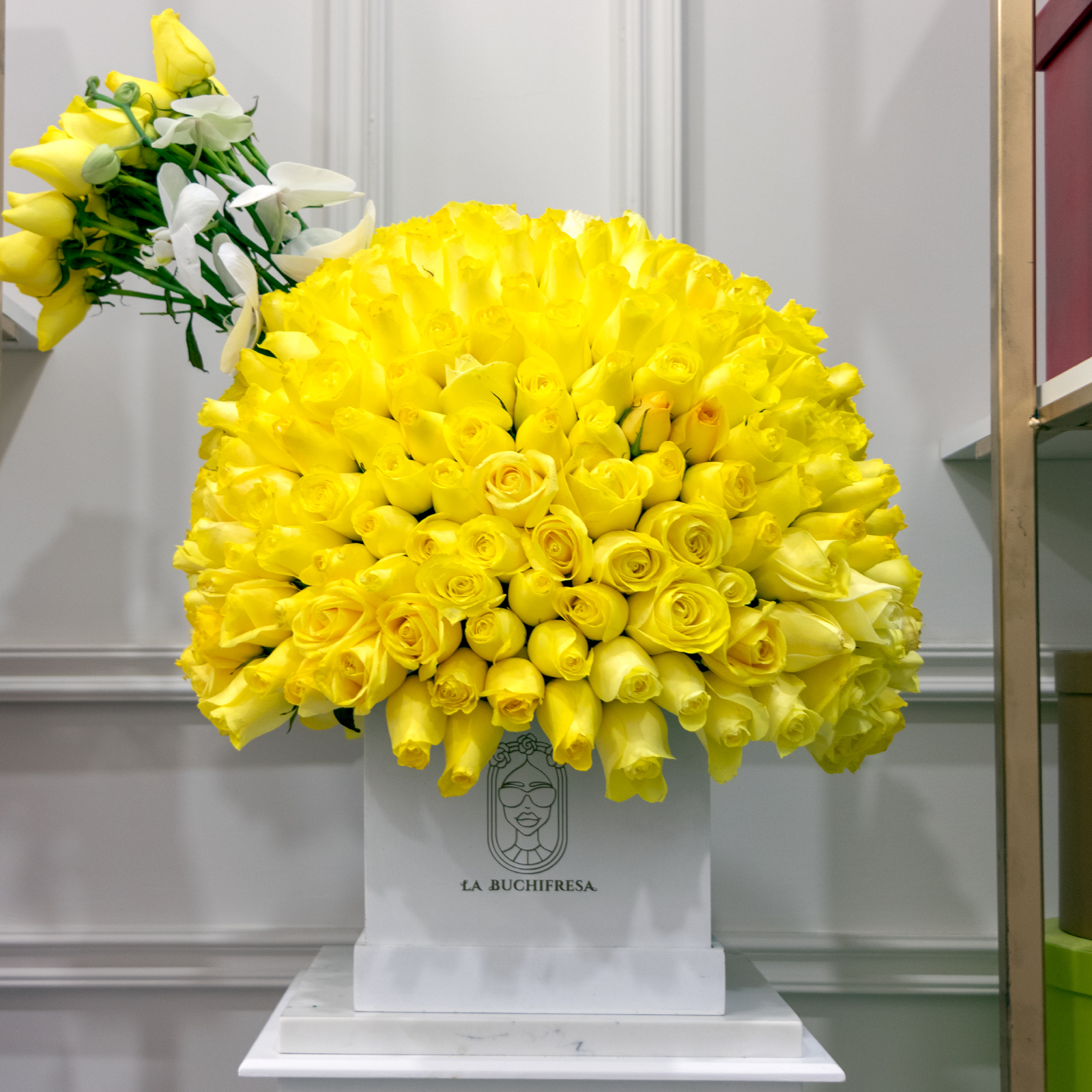 Arreglo con 300 rosas amarillas premium y 2 varas de orquidea phalaenopsis en white square box