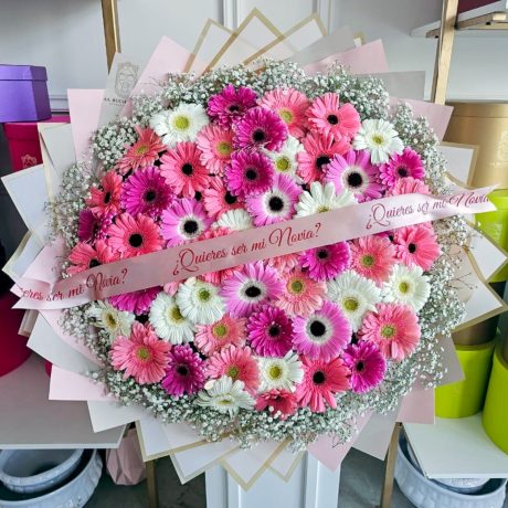 Ramo de 60 gerberas rositas y blancas envuelto en papel coreano y liston