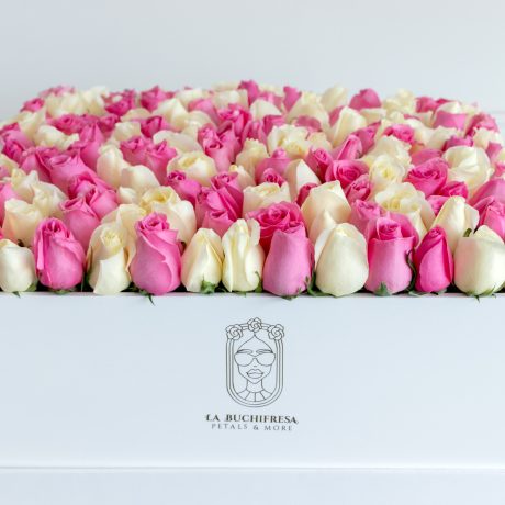 Arreglo de rosas rosas y blancas premium al ras en white square box